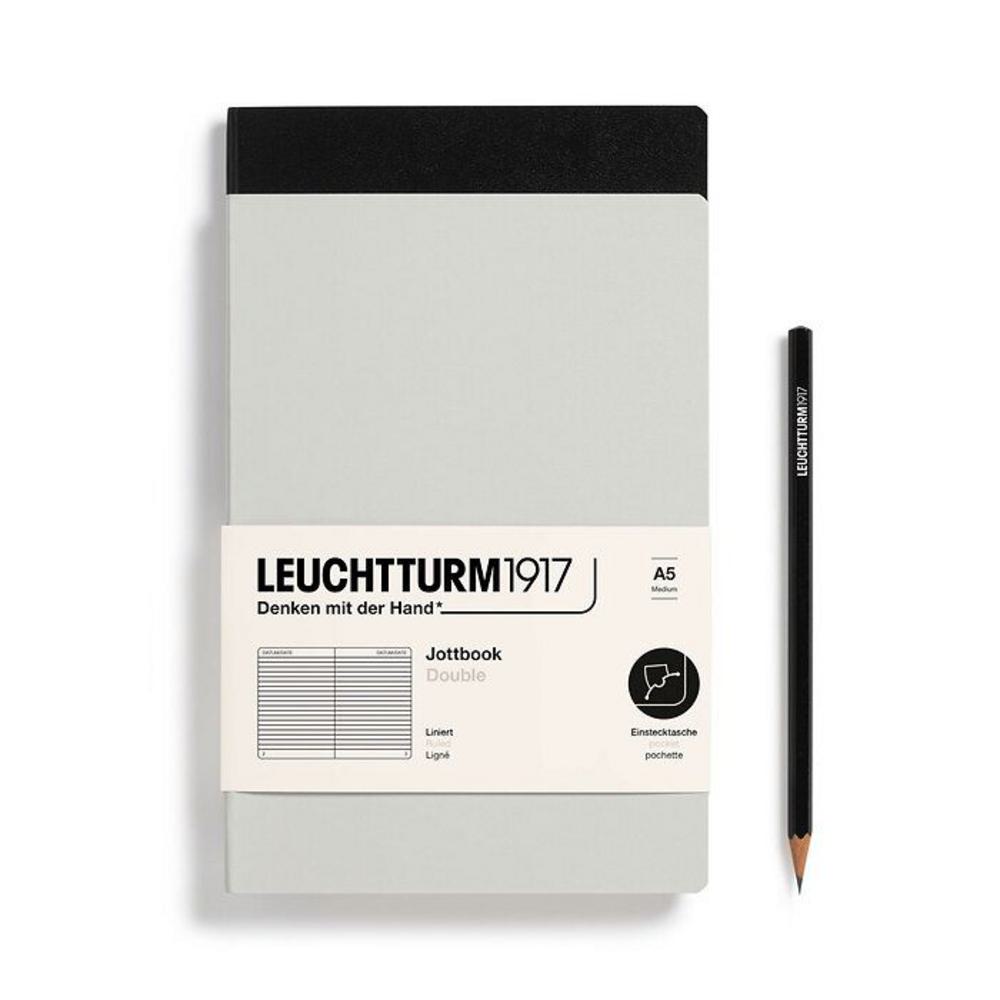 Leuchtturm, Grey, Journal, Art & School, A5, Ruled, Jottbook Double, Light Grey & Black, 724285